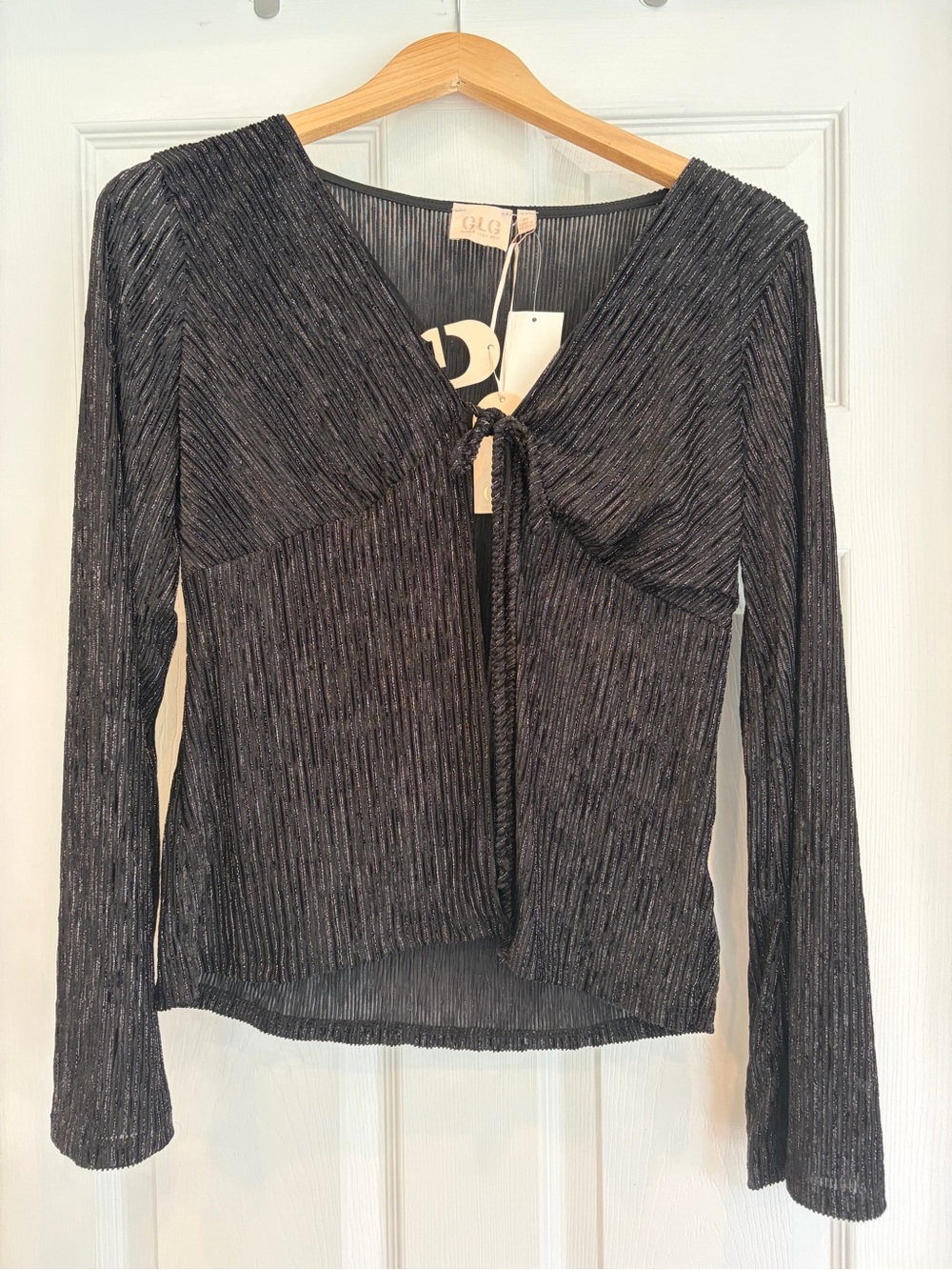 GLG Black Metallic Ribbed Long-Sleeve Tie-Front Top